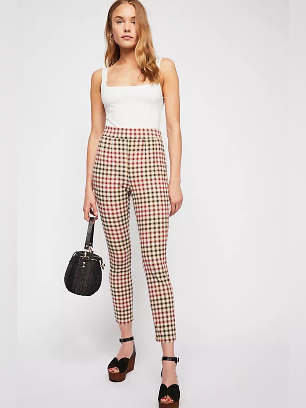 Free People | High-Waist Gingham Printed Skinny Pants